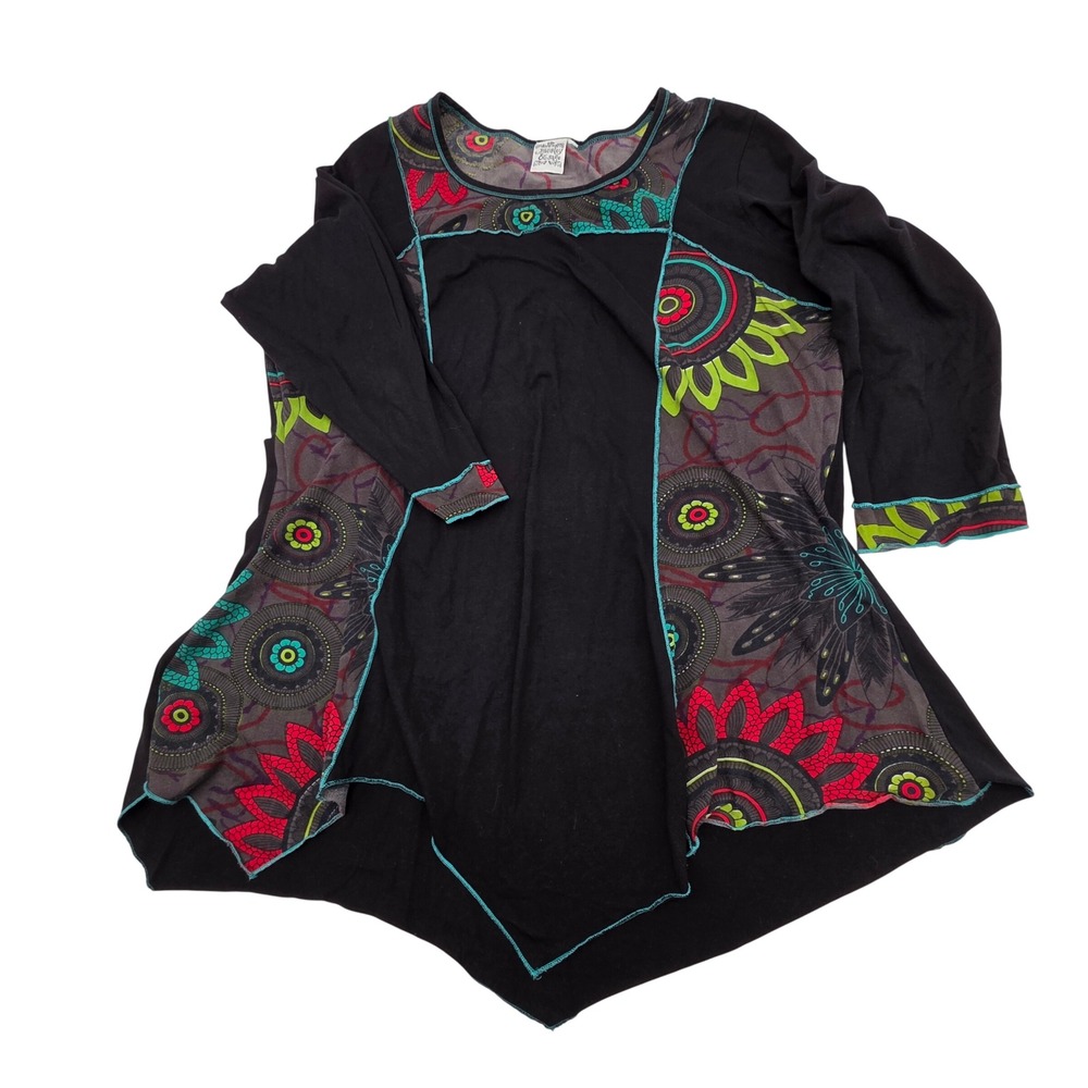 Lagenlook Parsley & Sage Tunic Top WMN XL Black Floral Sharkbite Hem Art To Wear